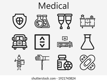 Premium set of medical [S] icons. Simple medical icon pack. Stroke vector illustration on a white background. Modern outline style icons collection of Bus, Bottles, Shield, Bandage, Cupboard