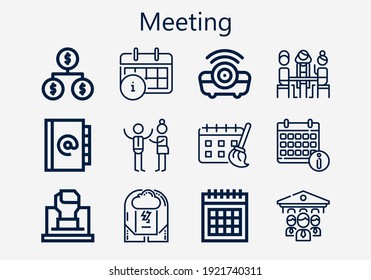 Premium set of meeting icons. Simple meeting icon pack. Stroke vector illustration on a white background. Modern outline style icons collection of Projector, Group, Organization, Fist