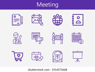 Premium set of meeting line icons. Simple meeting icon pack. Stroke vector illustration on a white background. Modern outline style icons collection of Projector screen, Leader, Calendar, Schedule