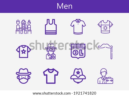 Premium set of men line icons. Simple men icon pack. Stroke vector illustration on a white background. Modern outline style icons collection of Group, Shirt, Olympique lyonnais, Sleeveless, Cowboy