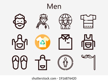 Premium set of men [S] icons. Simple men icon pack. Stroke vector illustration on a white background. Modern outline style icons collection of Restroom, Shirt, Mustache, Apron, Man, Businessman