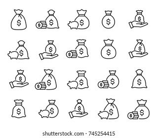 Premium set of moneybag line icons. Simple pictograms pack. Stroke vector illustration on a white background. Modern outline style icons collection. 