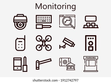 Premium Set Of Monitoring [S] Icons. Simple Monitoring Icon Pack. Stroke Vector Illustration On A White Background. Modern Outline Style Icons Collection Of Baby Monitor, Smart House, Security Gate