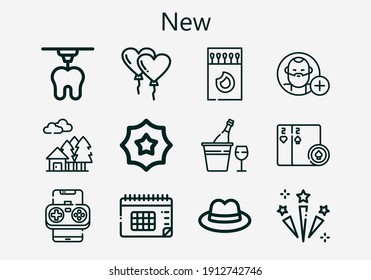 Premium set of new [S] icons. Simple new icon pack. Stroke vector illustration on a white background. Modern outline style icons collection of 3d, Follow, Matches, Calendar, Celebration, Balloon