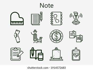 Premium set of note [S] icons. Simple note icon pack. Stroke vector illustration on a white background. Modern outline style icons collection of Piano, Phone book, Notepad, Dollar, Pads