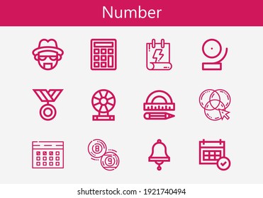 Premium set of number line icons. Simple number icon pack. Stroke vector illustration on a white background. Modern outline style icons collection of Calendar, Calculator, Roulette, Protractor