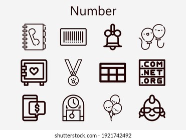 Premium set of number [S] icons. Simple number icon pack. Stroke vector illustration on a white background. Modern outline style icons collection of Phone book, Strongbox, Discount, Punk