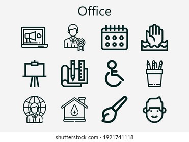 Premium set of office icons. Simple office icon pack. Stroke vector illustration on a white background. Modern outline style icons collection of Handicap, Laptop, Art, Help, Calendar, Canvas