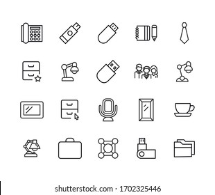 Conjunto de iconos de línea de oficina de primera calidad. Símbolos web para sitios web y aplicaciones móviles. Símbolos vectoriales modernos, aislados en un fondo blanco. Sencillas señales de línea delgada.
