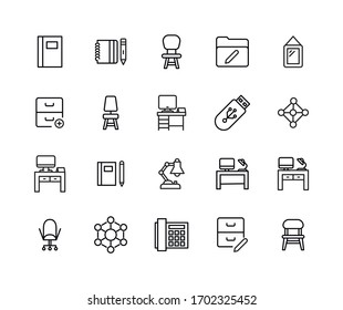 Conjunto de iconos de línea de oficina de primera calidad. Símbolos web para sitios web y aplicaciones móviles. Símbolos vectoriales modernos, aislados en un fondo blanco. Sencillas señales de línea delgada.