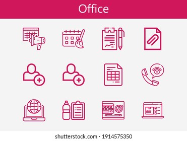 Premium set of office line icons. Simple office icon pack. Stroke vector illustration on a white background. Modern outline style icons collection of Add user, Laptop, Call center, Calendar