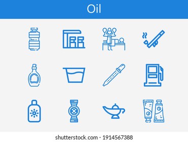 Premium set of oil line icons. Simple oil icon pack. Stroke vector illustration on a white background. Modern outline style icons collection of Oil, Paint tube, Sun cream, Gasoline station, Magic lamp