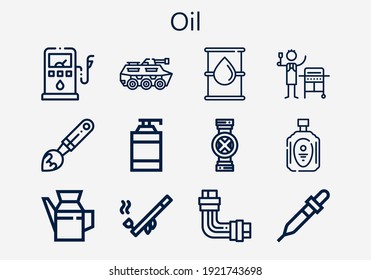 Premium set of oil [S] icons. Simple oil icon pack. Stroke vector illustration on a white background. Modern outline style icons collection of Oil, Gas, Shampoo, Pipe, Gas station, Tank