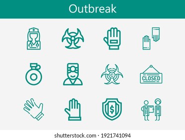 Premium-Set von Icons für die Ausbrüche. Einfache Icon Pack für Ausbrüche. Schlagt Vektorgrafik auf weißem Hintergrund. Moderne Bildersammlung im Stil von Konturen von Biohazard, Canteen, Glove, Shield