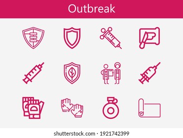 Premium set of outbreak line icons. Simple outbreak icon pack. Stroke vector illustration on a white background. Modern outline style icons collection of Canteen, Mat, Shield, Gloves, Spreading