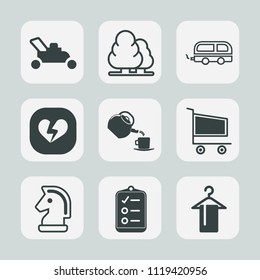 Premium set of outline, fill icons. Such as grass, retail, mark, drink, horse, love, tea, lawnmower, chessboard, nature, transportation, environment, market, equipment, forest, garden, gardening, tree