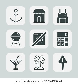 Premium set of outline, fill icons. Such as danger, wash, nautical, calculator, drink, pinafore, grill, barbecue, sale, shop, navigation, rudder, accounting, retail, kitchen, exclamation, helm, apron
