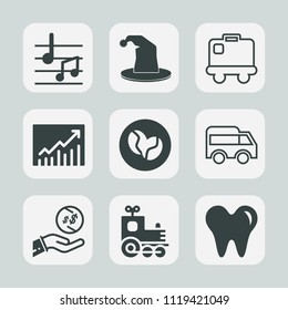 Premium set of outline, fill icons. Such as treble, circus, caffeine, fun, white, suitcase, dental, coffee, highway, musical, luggage, train, move, magician, bus, journey, transportation, transport