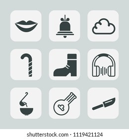 Premium set of outline, fill icons. Such as knife, teeth, bell, footwear, instrument, audio, notification, lollipop, fork, dinner, alert, food, candy, folk, fashion, young, cutlery, soup, white, ring