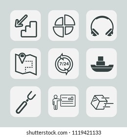 Premium set of outline, fill icons. Such as support, sea, spoon, ship, down, meeting, shipment, delivery, downstairs, knife, sign, map, boat, presentation, operator, businessman, fork, shipping, help