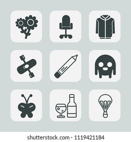 Premium set of outline, fill icons. Such as fiction, butterfly, blossom, alcohol, chair, alien, activity, nature, river, insect, stationery, spring, furniture, clothing, wine, petal, glass, flower