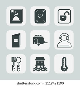 Premium set of outline, fill icons. Such as temperature, van, gambling, boat, dinner, fork, padlock, lock, casino, brochure, science, paper, interface, houseboat, transport, train, business, book, car