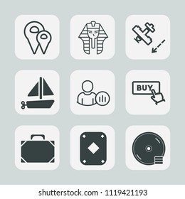 Premium set of outline, fill icons. Such as transportation, object, air, egyptian, ship, sign, disk, bag, status, toy, online, cd, history, location, map, social, ancient, internet, profile, flight