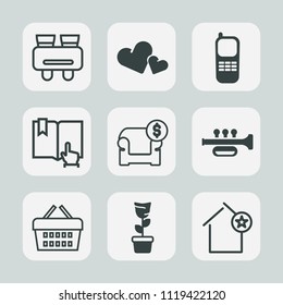 Premium set of outline, fill icons. Such as love, heart, valentine, shop, sofa, holiday, trumpet, click, discovery, store, glasses, apartment, phone, home, spy, music, background, couch, house, sound