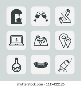 Premium set of outline, fill icons. Such as dinner, wineglass, pin, direction, tool, telescope, caffeine, espresso, drink, pointer, medicine, map, liquid, meat, bar, location, alcohol, beverage, route