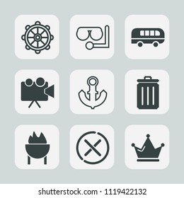 Premium set of outline, fill icons. Such as glass, queen, nautical, scuba, mask, grill, sign, projector, trash, boat, barbecue, anchor, king, video, bin, beach, rudder, garbage, can, recycling, stop