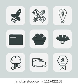 Premium set of outline, fill icons. Such as cloud, paper, first, earth, communication, food, doughnut, satellite, map, pin, file, science, travel, award, network, global, spaceship, launch, technology