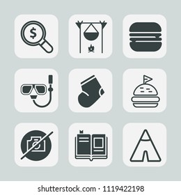 Premium set of outline, fill icons. Such as outdoor, bread, hot, camera, mask, winter, fashion, website, camp, picture, cheeseburger, warm, food, snorkel, literature, internet, snack, lunch, photo, no