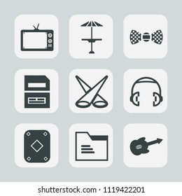 Premium set of outline, fill icons. Such as bar, audio, television, headphone, bow, video, music, pub, elegance, entertainment, fashion, paper, scene, backdrop, document, wooden, media, spotlight, tv