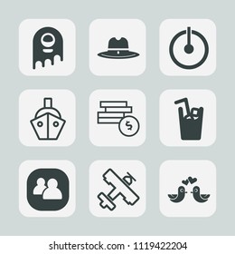 Premium set of outline, fill icons. Such as creature, science, airplane, ship, sheriff, business, group, space, animal, western, travel, extraterrestrial, love, power, cowboy, juice, monster, humanoid