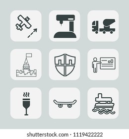 Premium set of outline, fill icons. Such as medieval, board, tower, transport, flight, cement, boat, meeting, skateboard, construction, presentation, skate, glass, skater, machine, sea, extreme, sew