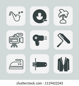 Premium set of outline, fill icons. Such as user, roller, memory, paint, avatar, ironing, profile, brush, musical, roll, video, iron, jazz, music, orchestra, business, lens, palm, camera, flash, dryer