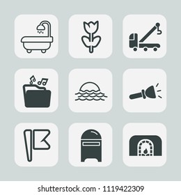Premium set of outline, fill icons. Such as flower, national, mailbox, accident, house, electric, white, tow, post, car, shine, sun, petal, truck, bath, music, fireplace, envelope, home, bathroom