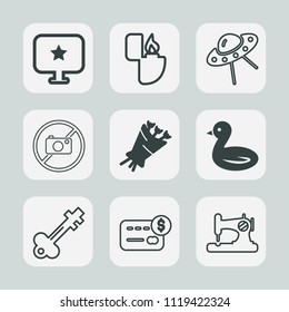 Premium set of outline, fill icons. Such as craft, web, technology, old, nature, lighter, door, money, spacecraft, lock, light, wildlife, gas, bird, computer, object, credit, bank, forbidden, blossom
