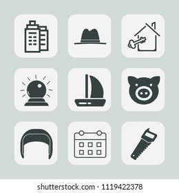 Premium set of outline, fill icons. Such as wind, office, swine, pig, architecture, city, sign, belt, cap, saw, real, house, object, equipment, estate, helmet, property, ship, business, schedule, work