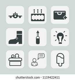 Premium set of outline, fill icons. Such as aircraft, flight, pie, white, transportation, laboratory, speaker, communication, cake, electricity, add, medicine, public, sign, sugar, conference, foot