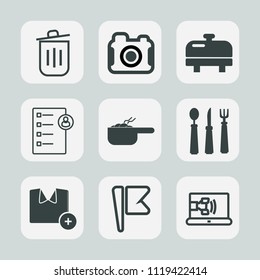 Premium set of outline, fill icons. Such as dinner, heater, dish, fashion, bin, home, trash, shirt, ecology, nation, white, food, photo, technology, lens, job, call, fork, equipment, internet, meal