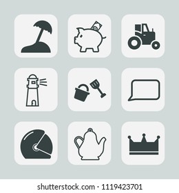 Premium set of outline, fill icons. Such as lighthouse, light, banking, tractor, helmet, bucket, water, vacation, crown, machinery, drink, pig, talk, kettle, agricultural, bank, beach, investment, hot