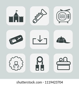Premium set of outline, fill icons. Such as trumpet, clothing, cap, jazz, account, video, orchestra, tower, speaker, headwear, music, download, person, training, instrument, fashion, air, technology