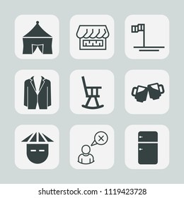 Premium set of outline, fill icons. Such as fridge, fun, festival, profile, pub, business, chair, nature, drink, office, refrigerator, bar, asian, cancel, japanese, entertainment, beach, tent, curtain