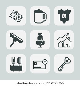 Premium set of outline, fill icons. Such as spoon, key, caffeine, sign, roller, cash, map, city, child, baby, cafe, door, brush, pin, mug, home, clothes, hot, restaurant, paint, espresso, cake, gps