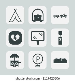 Premium set of outline, fill icons. Such as delivery, fruit, camp, liquid, food, broken, summer, apple, vehicle, banner, tourism, ice, transport, hiking, truck, lot, van, love, outdoor, sign, heart