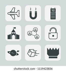 Premium set of outline, fill icons. Such as queen, shipping, building, sign, astronomy, communication, luxury, airplane, protection, travel, element, transport, flight, reminder, technology, planet