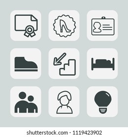 Premium set of outline, fill icons. Such as bedroom, footwear, downstairs, achievement, success, up, graduation, elegance, man, down, document, light, silhouette, name, id, personal, bulb, circle, bed