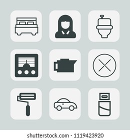 Premium set of outline, fill icons. Such as roll, signal, sign, cafe, girl, bed, cable, house, bedroom, coffee, restroom, roller, home, transport, female, wc, caffeine, transportation, beauty, drink