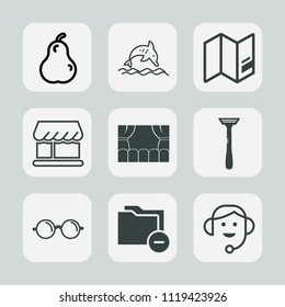 Premium set of outline, fill icons. Such as white, ocean, razor, shop, travel, fresh, pear, curtain, call, juicy, food, marine, eyesight, water, document, wild, headset, file, world, map, organic, eye